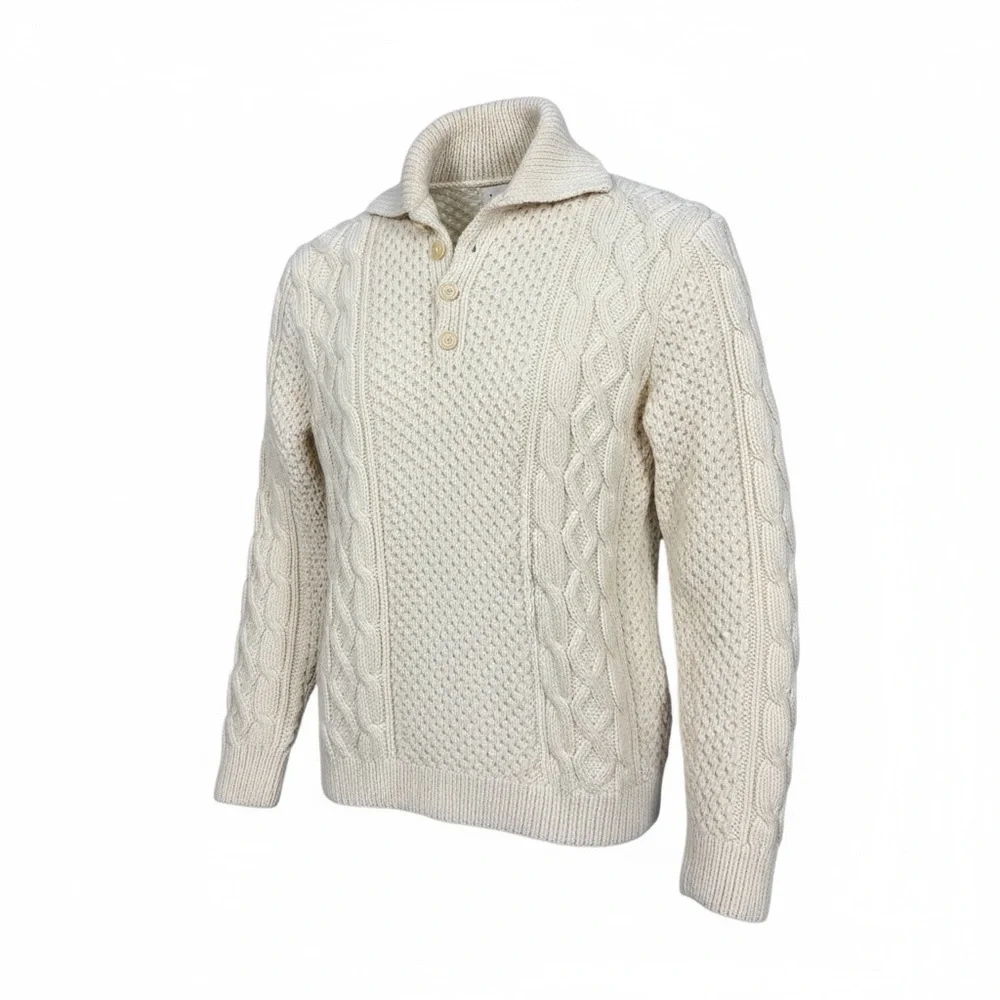 Hand-Knit Aran Fisherman Sweater Men’s Large Cream Wool Blend‎